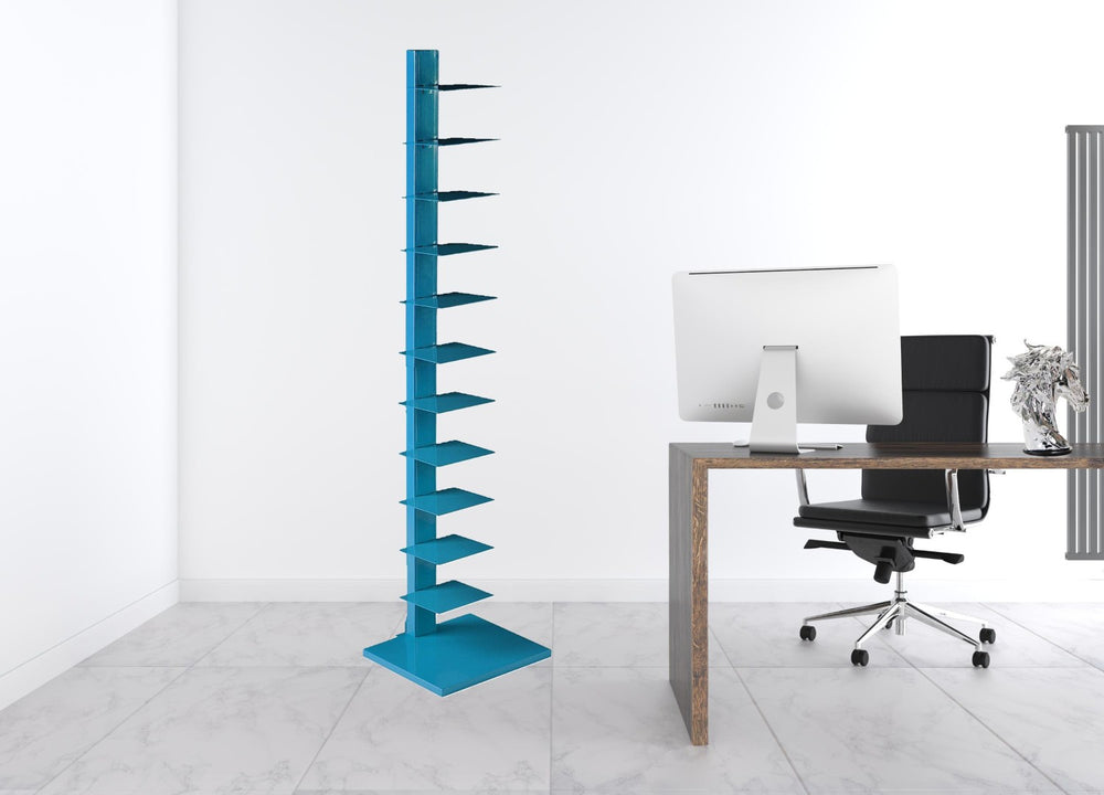 HomeRoots 65" Blue Metal Twelve Tier Narrow Tower Bookcase - Modern Industrial Design for Smart Storage Solutions 490411