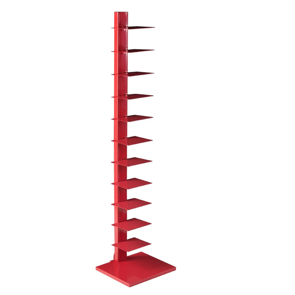 HomeRoots 65" Vibrant Red Twelve-Tier Narrow Tower Bookcase for Stylish Vertical Storage in Small Spaces 490412