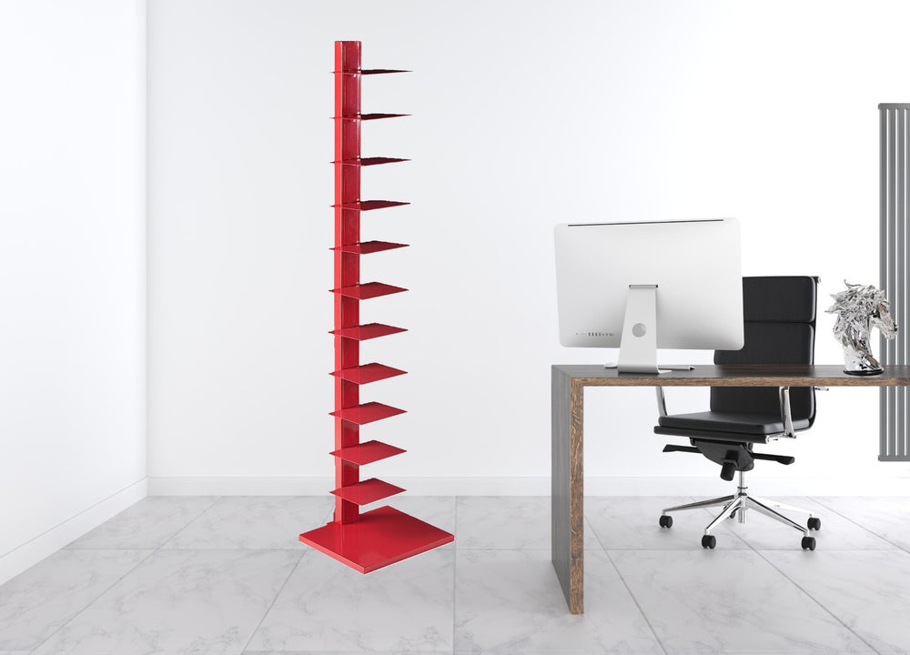 HomeRoots 65" Vibrant Red Twelve-Tier Narrow Tower Bookcase for Stylish Vertical Storage in Small Spaces 490412