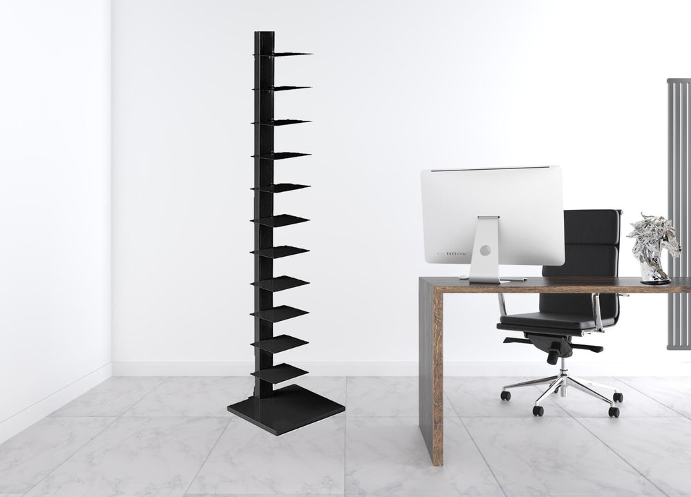 HomeRoots 65" Industrial Black Metal 12-Tier Narrow Tower Bookcase - Stylish Storage for Small Spaces! 490413