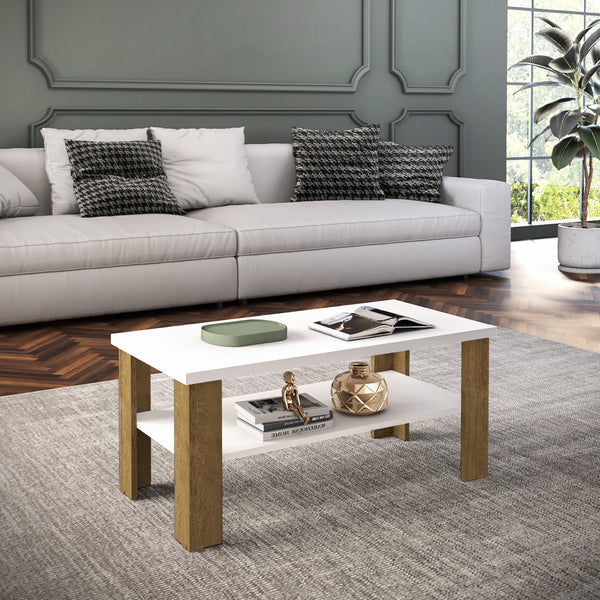 Homeroots 35" White And Natural Coffee Table With Shelf   490414