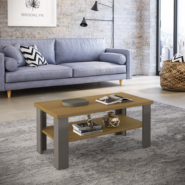 Homeroots 35" Natural And Brown Coffee Table With Shelf   490415