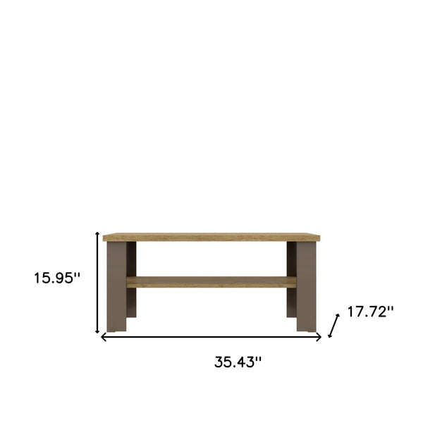 Homeroots 35" Natural And Brown Coffee Table With Shelf   490415
