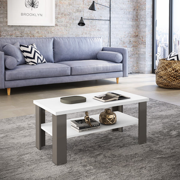 Homeroots 35" White And Light Gray Coffee Table With Shelf   490416