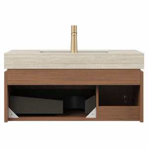 English Elm MURI Modern Wall-Mounted Vanity with Sintered Stone Top and Ceramic Basin, Plywood Cabinet, 39" Beige,Brown Oak W2615S00337