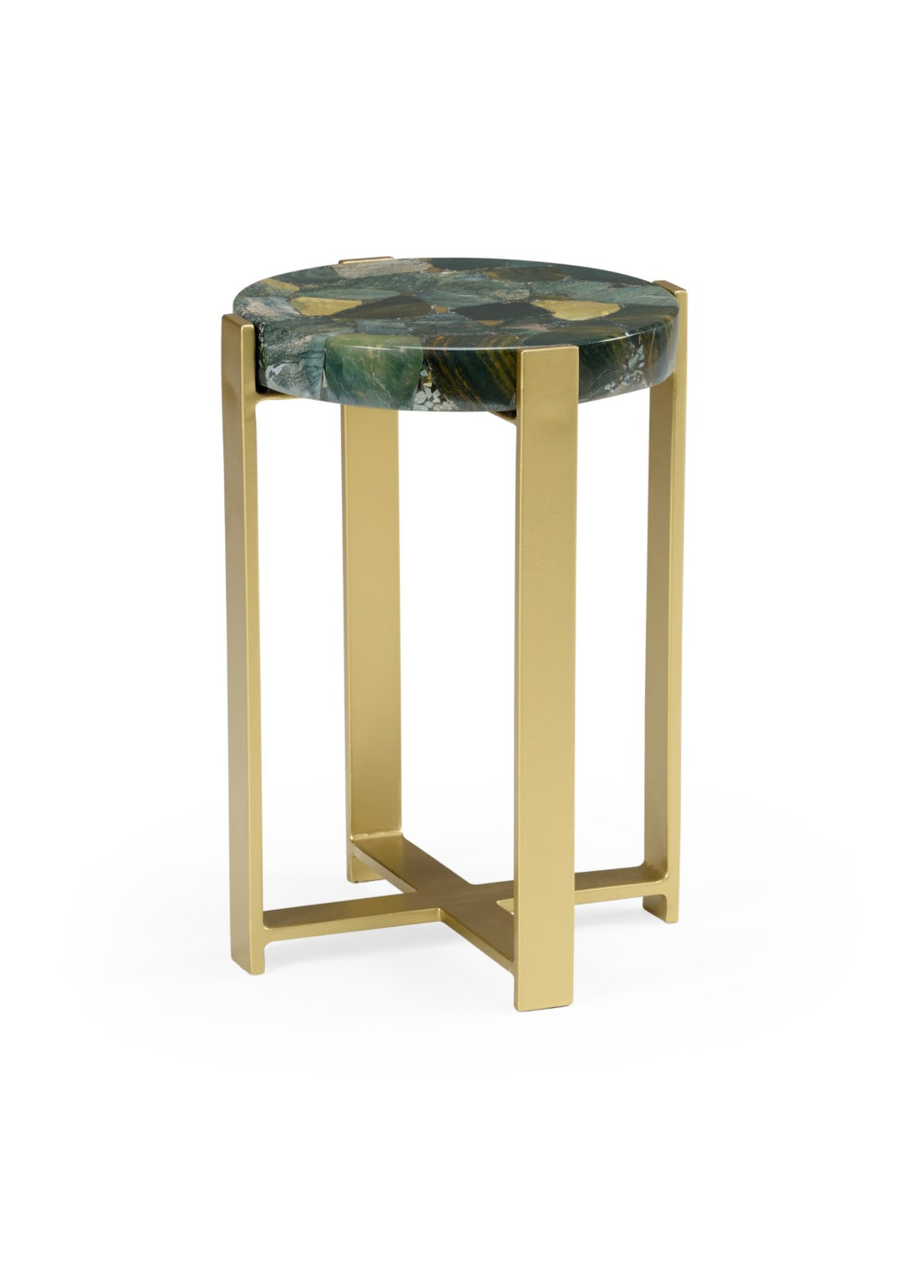 Wildwood Jasper Natural Multi-Green Stone Accent Table With Antique Gold Iron Base — Compact, Sturdy Style 490422