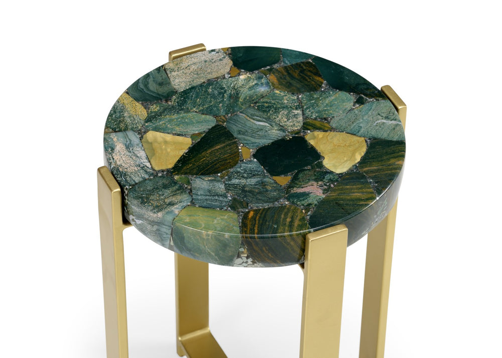Wildwood Jasper Natural Multi-Green Stone Accent Table With Antique Gold Iron Base — Compact, Sturdy Style 490422