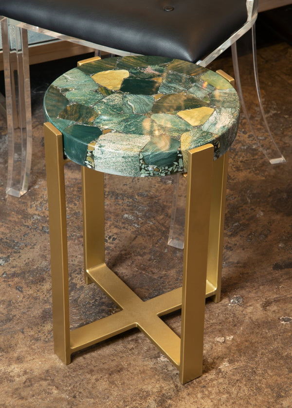 Wildwood Jasper Natural Multi-Green Stone Accent Table With Antique Gold Iron Base — Compact, Sturdy Style 490422