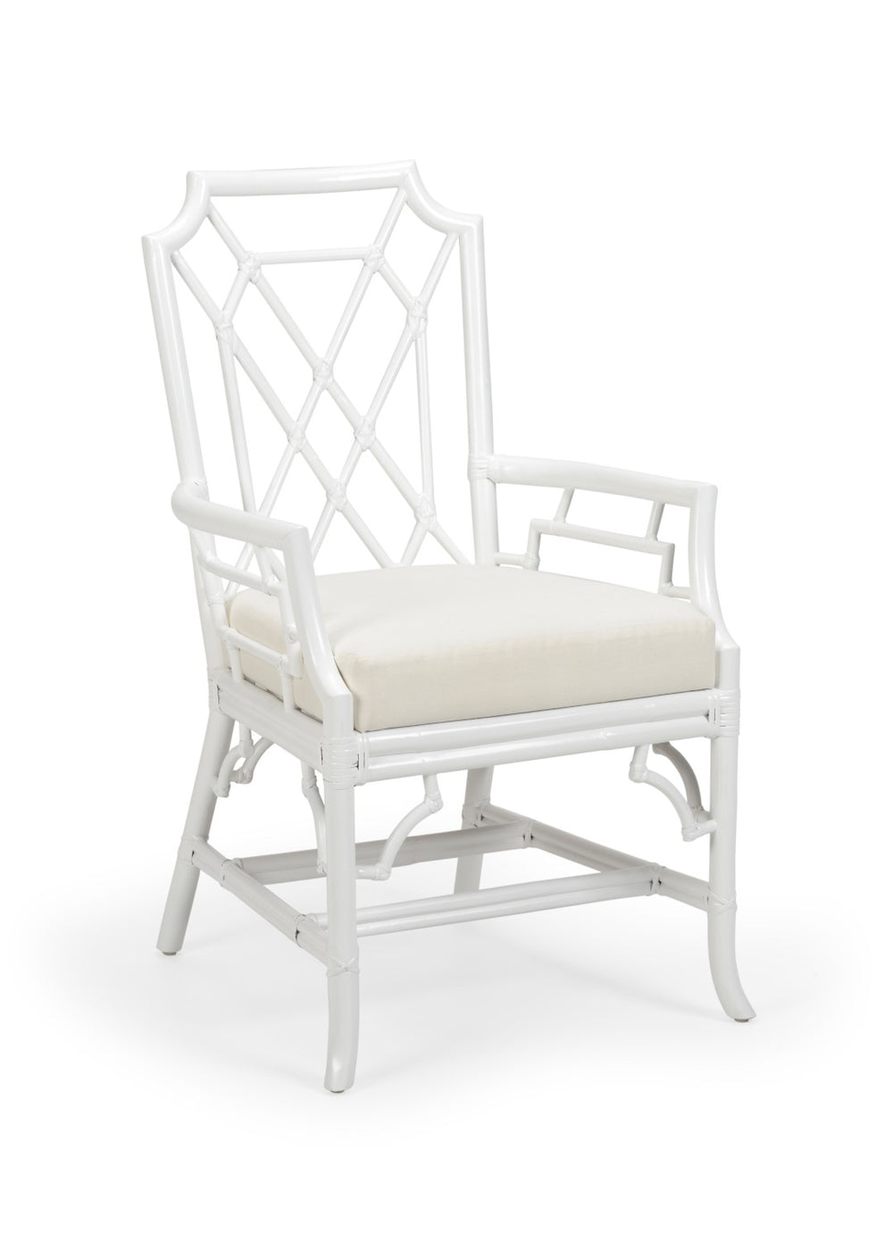 Wildwood Wild Palm Armchair With White Rattan Fretwork And Attached Off-White Cushion — Coastal Comfort Seating 490445