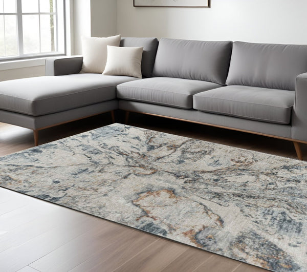 HomeRoots 5' Beige and Blue Abstract Area Rug - Modern Design, Durable, Stain-Resistant, Perfect for Any Space 9' X 12' 490445