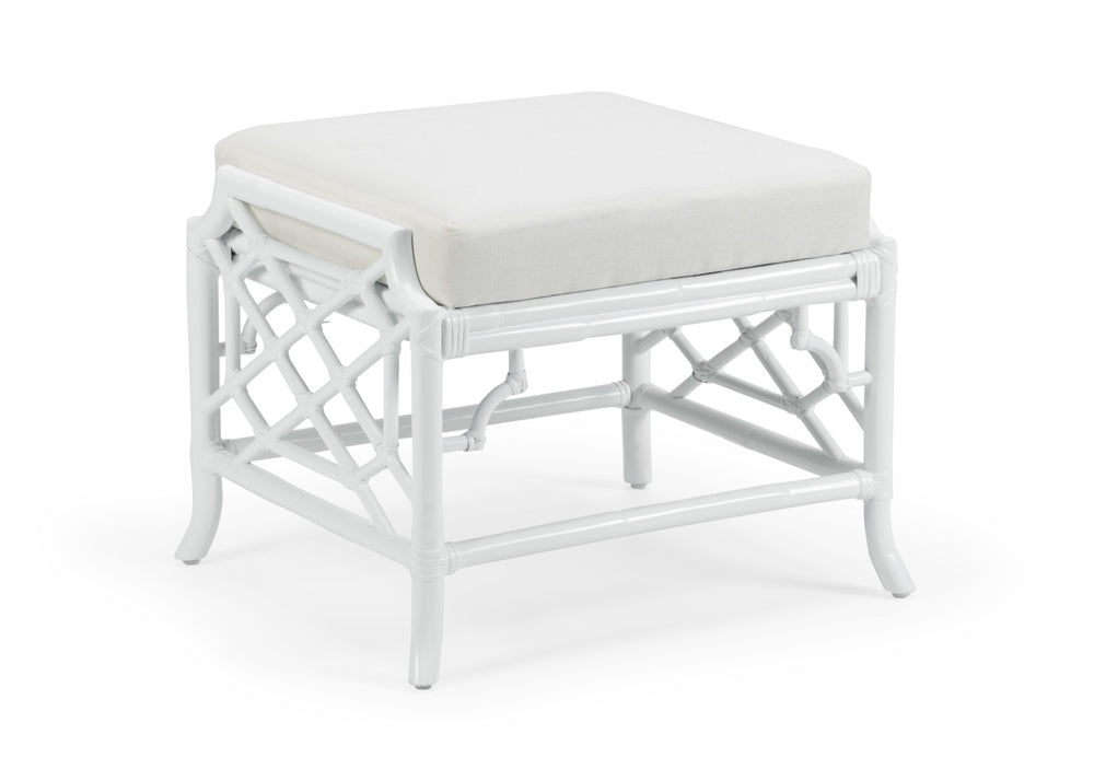 Wildwood Wild Palm Ottoman Coastal White Rattan Fretwork With Off-White Cushion — Compact, Versatile Accent Seat 490446