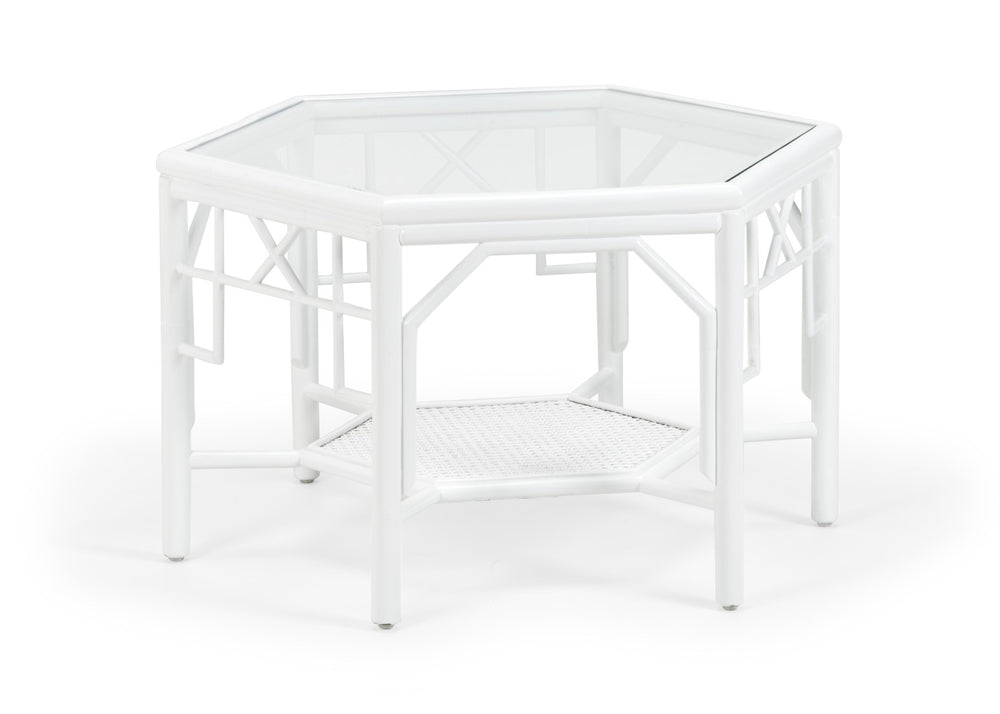 Wildwood Wild Palm Hexagonal Cocktail Table With White Rattan Fretwork, Clear Glass Top & Woven Cane Shelf 490469