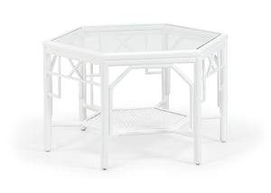 Wildwood Wild Palm Hexagonal Cocktail Table With White Rattan Fretwork, Clear Glass Top & Woven Cane Shelf 490469