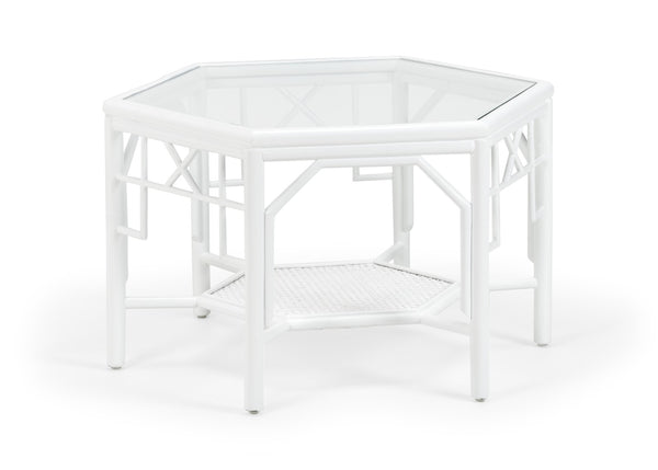 Wildwood Wild Palm Hexagonal Cocktail Table With White Rattan Fretwork, Clear Glass Top & Woven Cane Shelf 490469