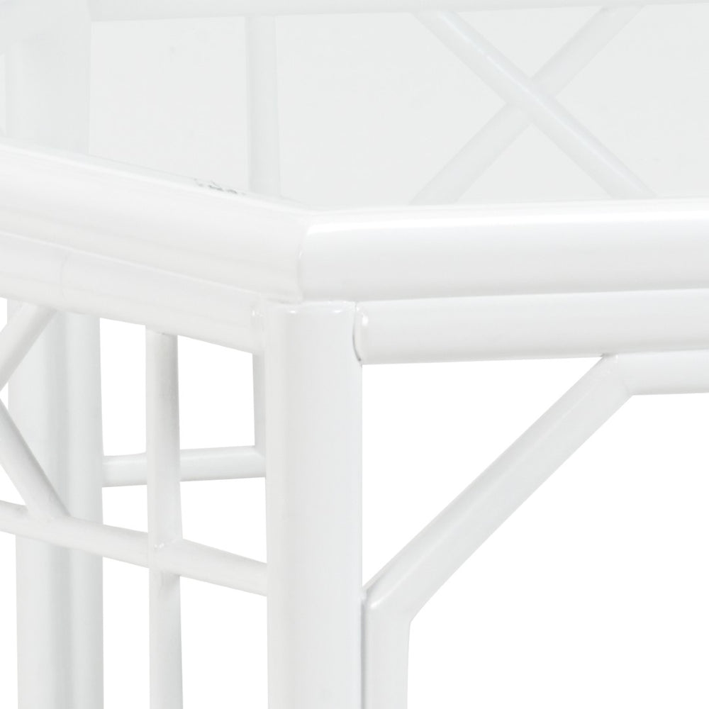 Wildwood Wild Palm Hexagonal Cocktail Table With White Rattan Fretwork, Clear Glass Top & Woven Cane Shelf 490469