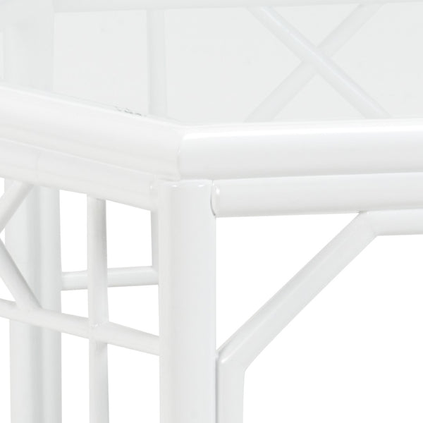 Wildwood Wild Palm Hexagonal Cocktail Table With White Rattan Fretwork, Clear Glass Top & Woven Cane Shelf 490469