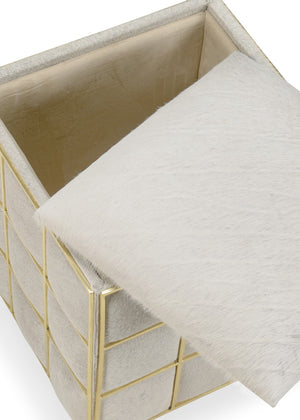 Wildwood Square Hide Stool With Light Gray Hair-On-Hide, Polished Brass Accent & Removable Storage Ottoman 490471