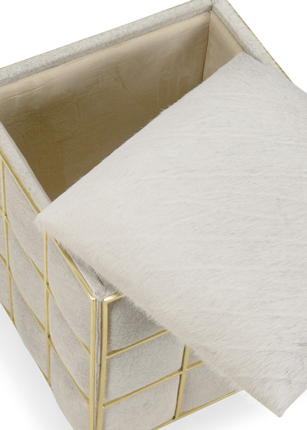 Wildwood Square Hide Stool With Light Gray Hair-On-Hide, Polished Brass Accent & Removable Storage Ottoman 490471