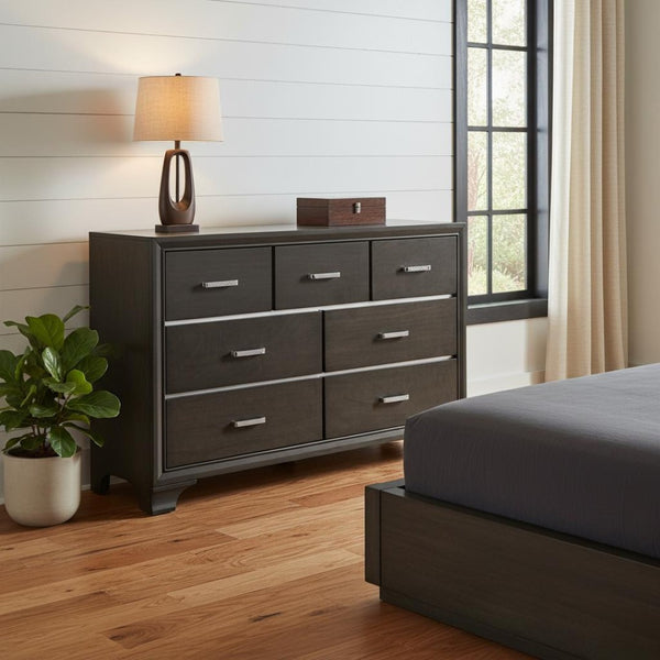 HomeRoots 58" Gray Triple Dresser - Modern Seven Drawer Storage Solution for Stylish Bedroom Organization 490475