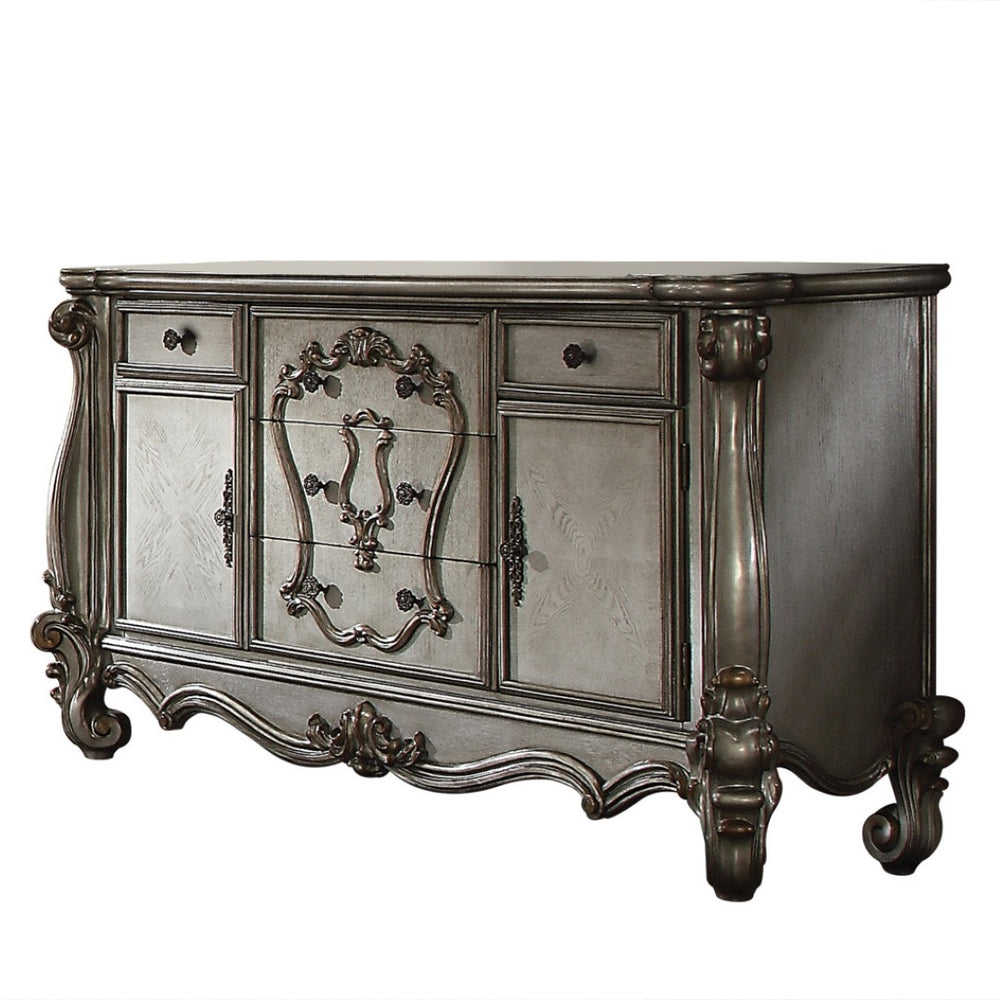 HomeRoots 70" Platinum Carved Scrollwork Dresser - Elegant Five-Drawer Storage Solution for Any Room 490476