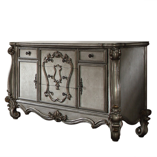HomeRoots 70" Platinum Carved Scrollwork Dresser - Elegant Five-Drawer Storage Solution for Any Room 490476