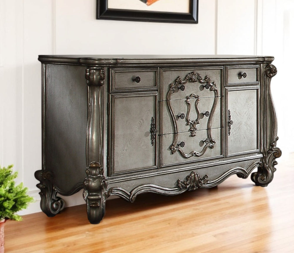 Homeroots 70" Regal Platinum Carved Scrollwork Dresser - Elegant Five Drawer Triple Storage Solution For Bedrooms  Manufactured Wood,Polyresin 490476