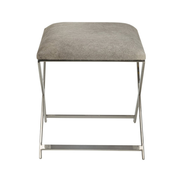 Wildwood Sitting Pretty Stool With Gray Hair-On-Hide Seat & Polished Nickel X-Base — Rustic Modern Accent Seat 490484