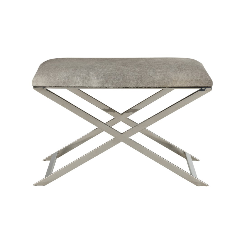 Wildwood Sitting Pretty Stool With Gray Hair-On-Hide Seat & Polished Nickel X-Base — Rustic Modern Accent Seat 490484
