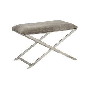 Wildwood Sitting Pretty Stool With Gray Hair-On-Hide Seat & Polished Nickel X-Base — Rustic Modern Accent Seat 490484