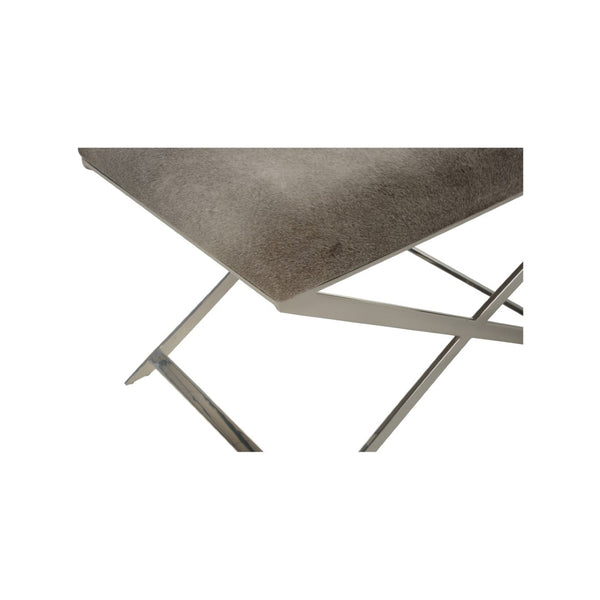 Wildwood Sitting Pretty Stool With Gray Hair-On-Hide Seat & Polished Nickel X-Base — Rustic Modern Accent Seat 490484