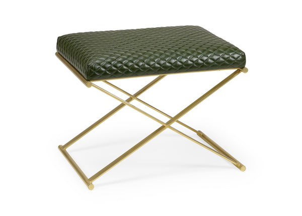 Wildwood Garrett Green Leather Stool With Polished Brass X Base — 21"H Compact Vanity Seat, Crisscross Design 490485
