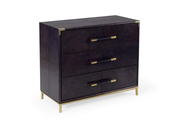 Wildwood Bruce Chest Midnight Leather Three-Drawer Accent Cabinet With Antique Brass Hardware, Versatile Bedside Table 490488