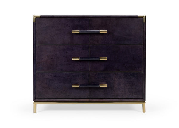 Wildwood Bruce Chest Midnight Leather Three-Drawer Accent Cabinet With Antique Brass Hardware, Versatile Bedside Table 490488