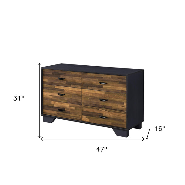 Homeroots 47" Walnut Black And Finish Manufactured Wood Six Drawer Double Dresser  Manufactured Wood 490489