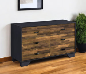 HomeRoots 47" Walnut and Black Double Dresser - Stylish Six Drawer Storage Solution for Modern Bedrooms 490489