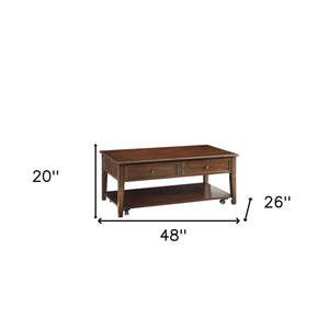 Homeroots 48" Walnut Manufactured Wood Rectangular Lift Top Coffee Table With Shelf   490497