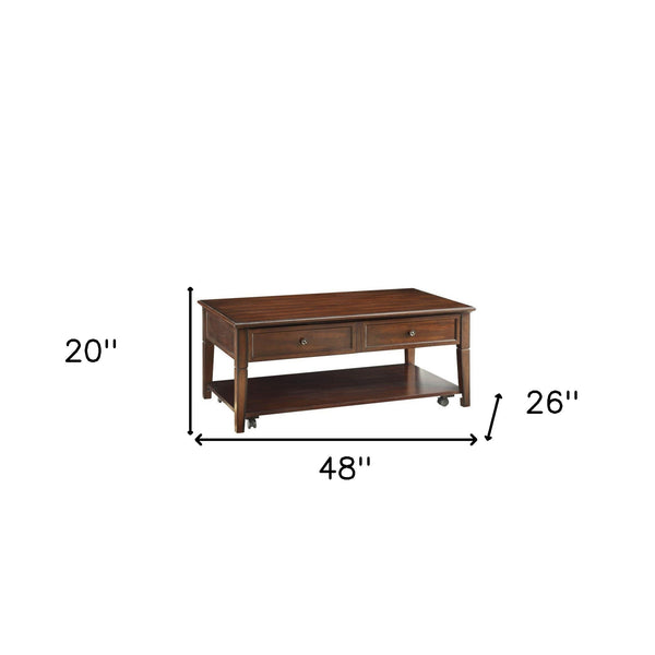 Homeroots 48" Walnut Manufactured Wood Rectangular Lift Top Coffee Table With Shelf   490497