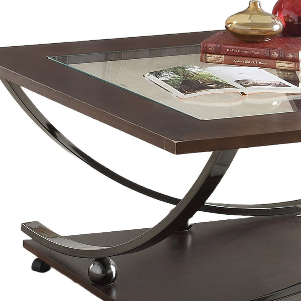 Homeroots 36" Black Nickel And Clear Glass Square Coffee Table With Shelf   490498