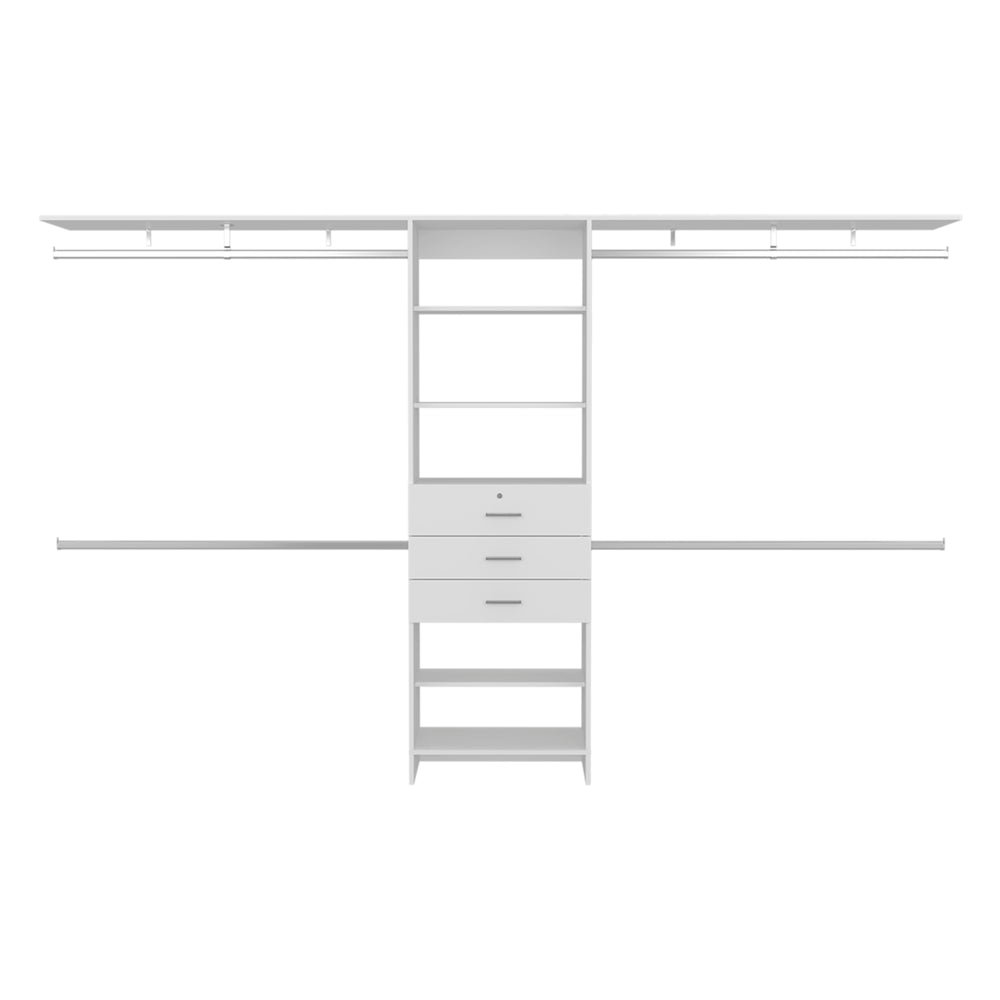 English Elm Plego Adjustable Closet System 69"-118" W | White MDF, 5 Shelves, 4 Rods, 3 Drawers for Custom Storage B070S00359