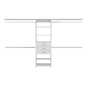 English Elm Plego Adjustable Closet System 69"-118" W | White MDF, 5 Shelves, 4 Rods, 3 Drawers for Custom Storage B070S00359