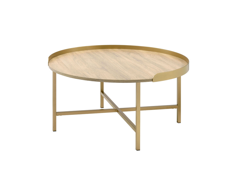 Homeroots 34" Gold And Oak Manufactured Wood And Metal Round Coffee Table   490508