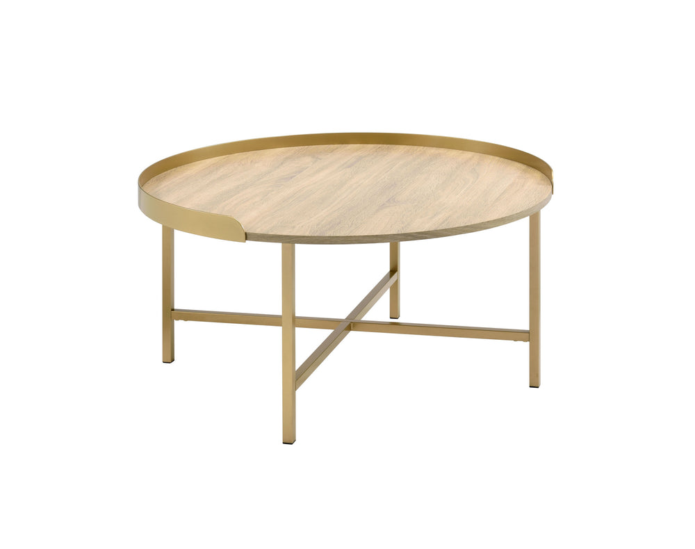 Homeroots 34" Gold And Oak Manufactured Wood And Metal Round Coffee Table   490508