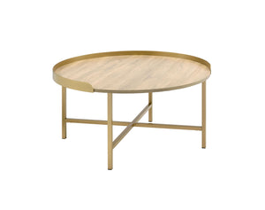 Homeroots 34" Gold And Oak Manufactured Wood And Metal Round Coffee Table   490508