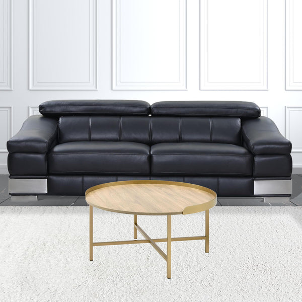 Homeroots 34" Gold And Oak Manufactured Wood And Metal Round Coffee Table   490508