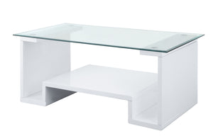 Homeroots 47" White And Clear Glass And Manufactured Wood Rectangular Coffee Table With Shelf   490511