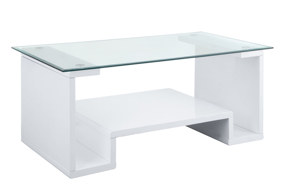 Homeroots 47" White And Clear Glass And Manufactured Wood Rectangular Coffee Table With Shelf   490511
