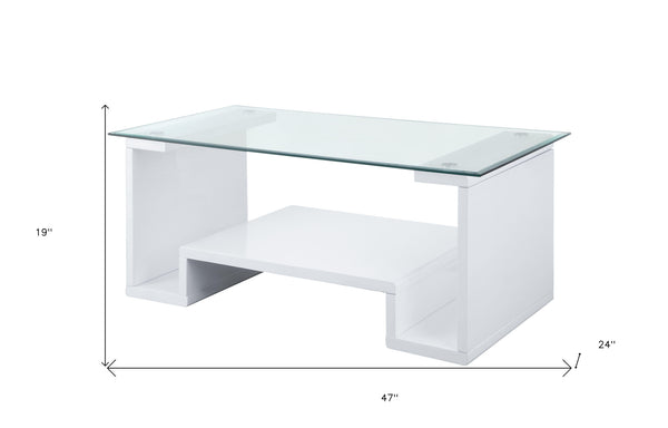 Homeroots 47" White And Clear Glass And Manufactured Wood Rectangular Coffee Table With Shelf   490511