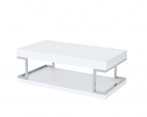 Homeroots 47" Chrome And White High Gloss Manufactured Wood And Metal Rectangular Coffee Table With Shelf   490518