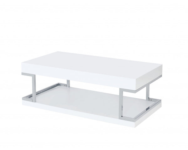 Homeroots 47" Chrome And White High Gloss Manufactured Wood And Metal Rectangular Coffee Table With Shelf   490518