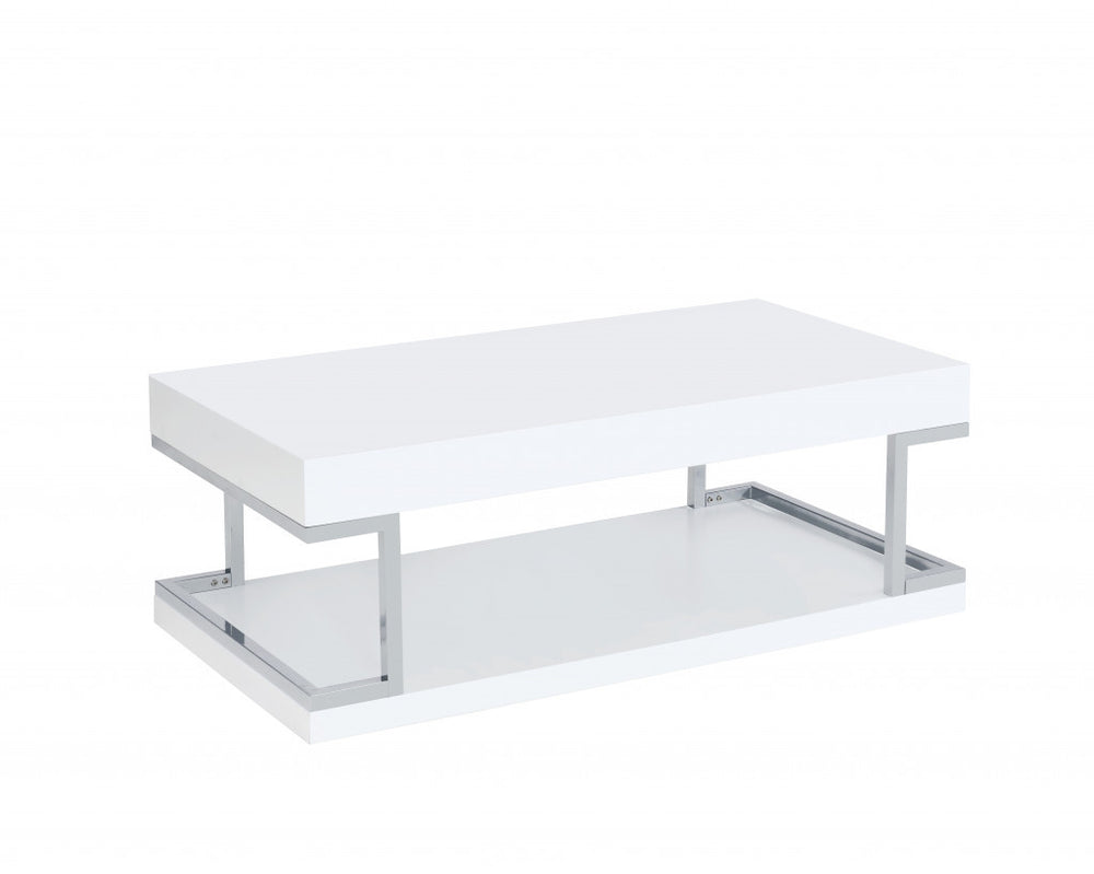 Homeroots 47" Chrome And White High Gloss Manufactured Wood And Metal Rectangular Coffee Table With Shelf   490518